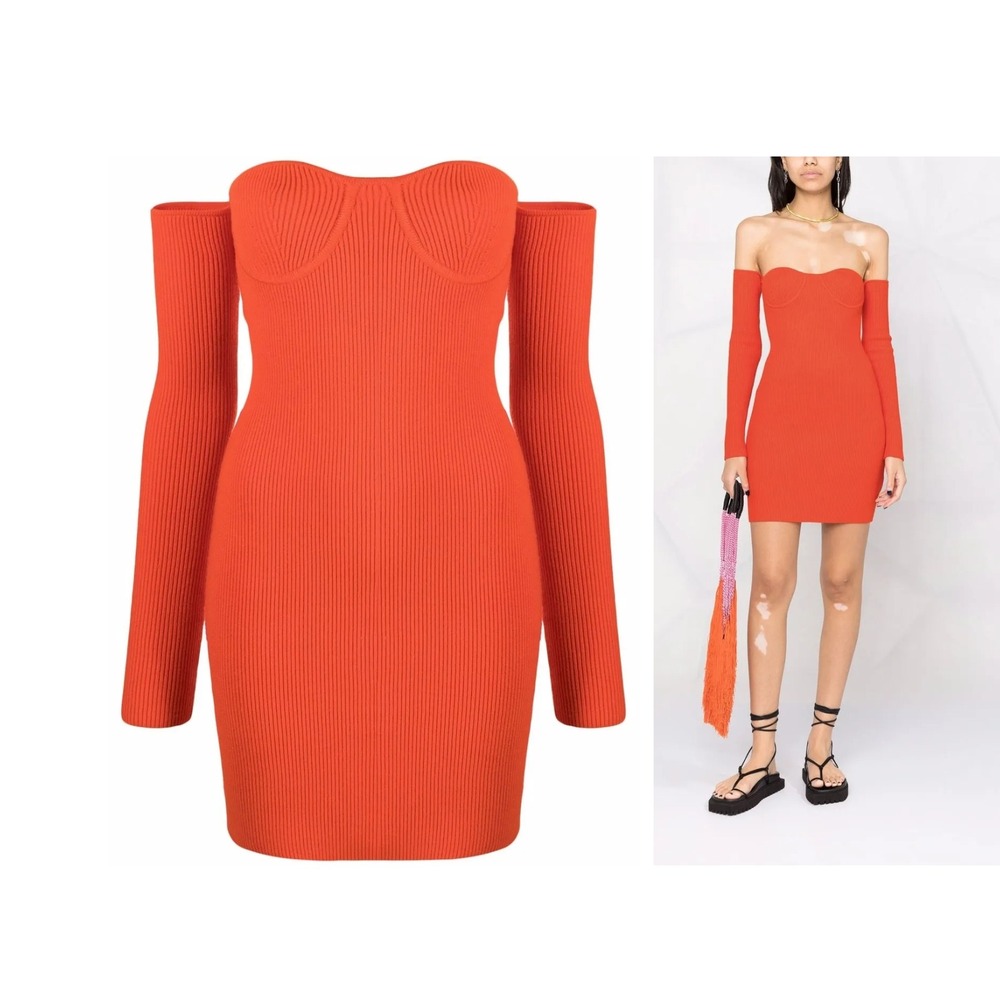 NWT Helmut Lang Orange Ribbed Off Shoulder Bustier Knit Sweater Dress M Ret $395